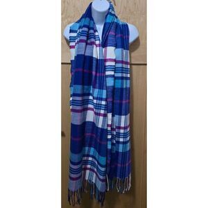 J. Crew Blue & Purple Plaid Woven Scarf With Fringe Edges cottagecore  grandma